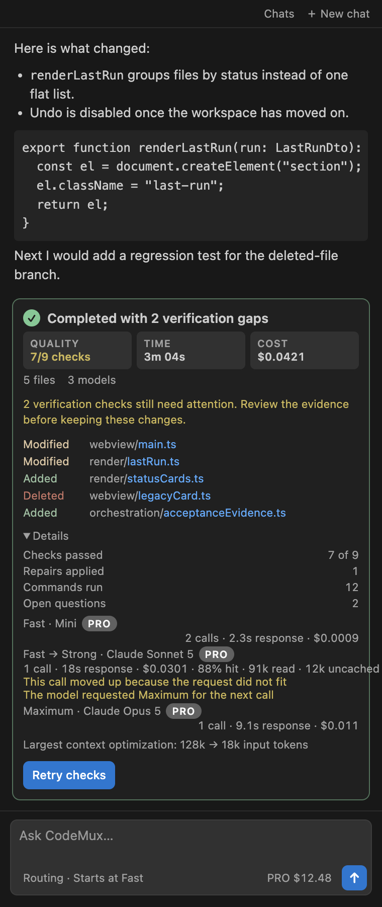 A CodeMux run cost card