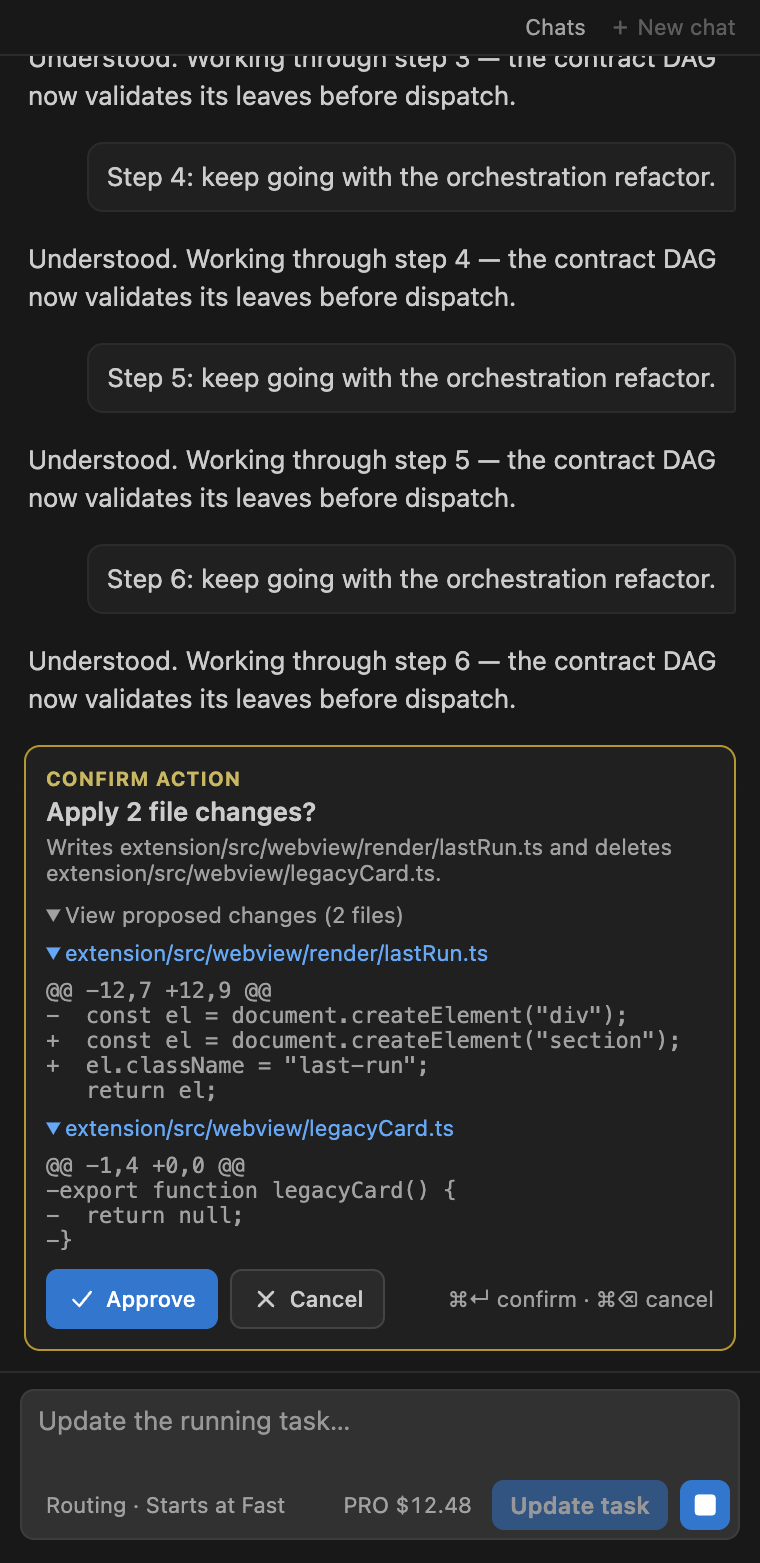 A CodeMux run with a proposed diff